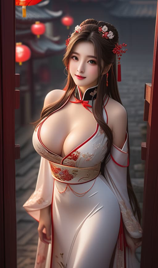  high definition portrait of a young woman with delicate features. she has large, expressive eyes, a soft smile, and long, wavy hair adorned with red floral accessories. she is wearing a traditional red and white hanfu with intricate embroidery. the background is a festive night scene filled with glowing red lanterns, which cast a warm, ambient light that softly illuminates her face and creates a magical atmosphere. the setting is an ancient chinese street with traditional architecture, and the characters for 'happiness' and 'prosperity' are subtly integrated into the signage on the buildings. the portrait exudes a sense of elegance, cultural richness, and a celebratory mood, award winning, professional, highly detailed, masterpiece