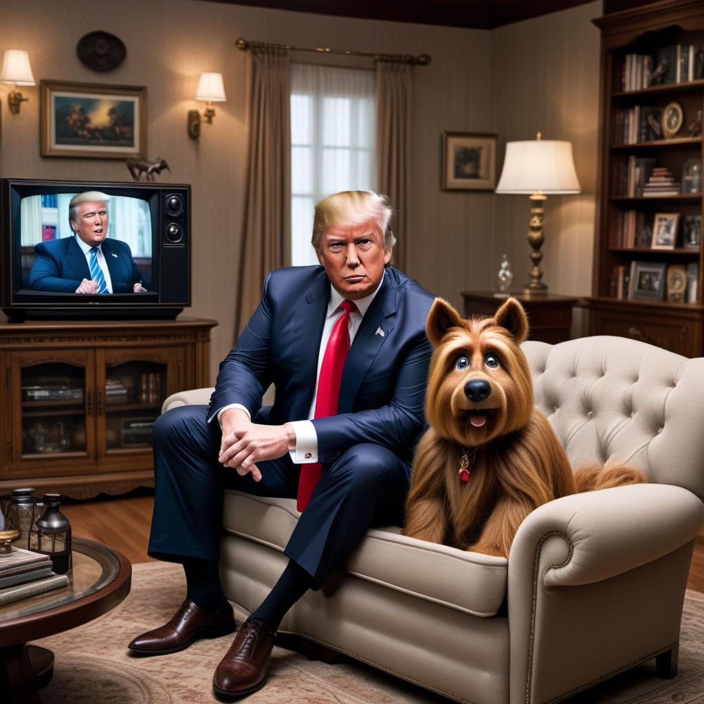  Donald Trump watching TV, and on the TV screen, ALF from the TV show 'ALF' is playing. The scene is in a cozy living room with a large TV. Trump is sitting on a comfortable armchair with a slight smile on his face. The background includes typical living room decor, such as family photos, a bookshelf, and a coffee table. ALF is on the TV screen apparently doing something humorous. hyperrealistic, full body, detailed clothing, highly detailed, cinematic lighting, stunningly beautiful, intricate, sharp focus, f/1. 8, 85mm, (centered image composition), (professionally color graded), ((bright soft diffused light)), volumetric fog, trending on instagram, trending on tumblr, HDR 4K, 8K