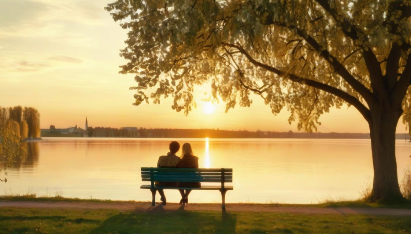  clear image, realistic, two people sitting behind a bench under a linden