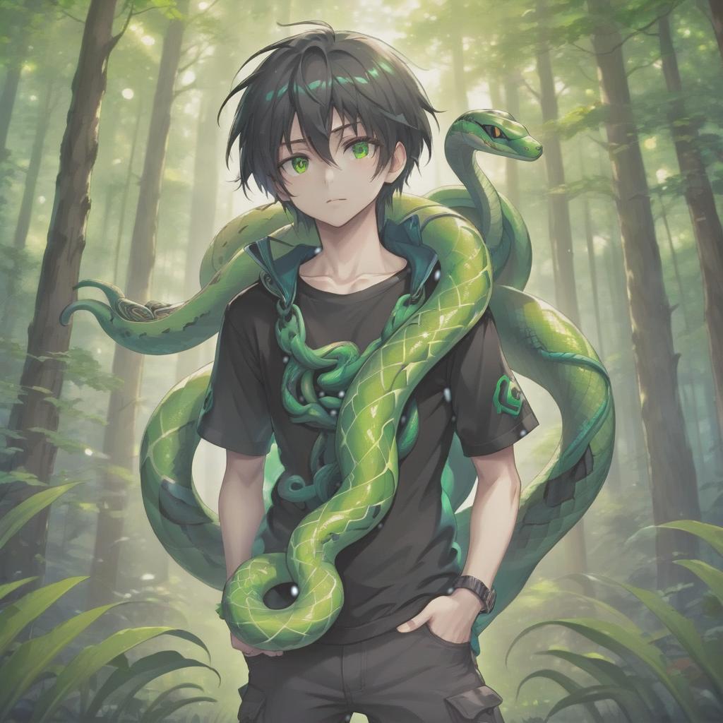  anime man with a green snake around his neck, the main colors are black and green, in the forest, t shirt design