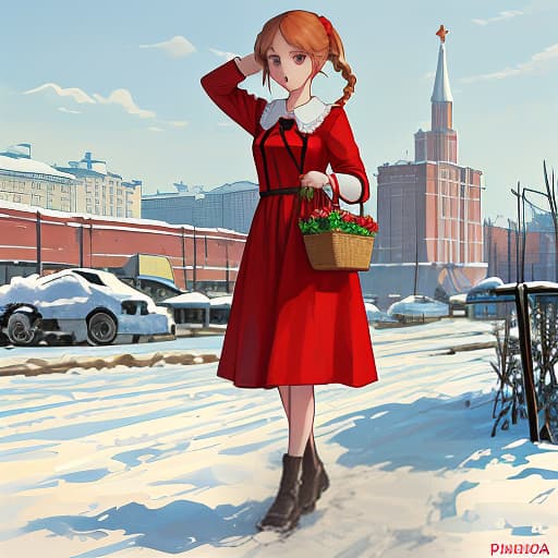  imagine a girl in the style of the ussr: she is dressed in a soviet dress with bright flowers or a sundress, she has simple shoes on her feet. the hair can be gathered into a neat ponytail or the hair can be braided. she can hold a basket of groceries in her hands or be against the background of a typical soviet landscape with houses and red square. add elements of soviet symbols, such as a star or a coat of arms.