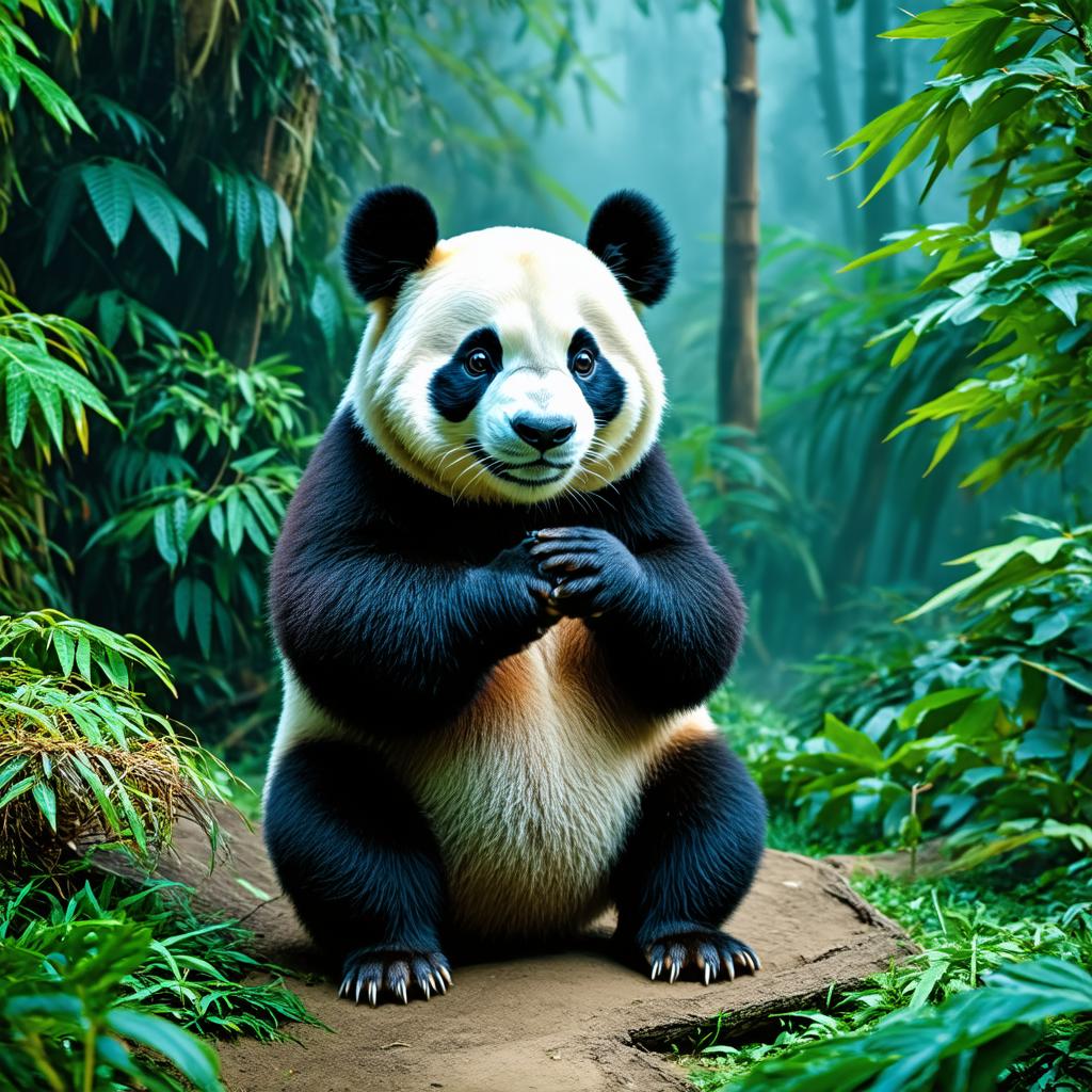  panda eating bambo in a jungle hyperrealistic, full body, detailed clothing, highly detailed, cinematic lighting, stunningly beautiful, intricate, sharp focus, f/1. 8, 85mm, (centered image composition), (professionally color graded), ((bright soft diffused light)), volumetric fog, trending on instagram, trending on tumblr, HDR 4K, 8K