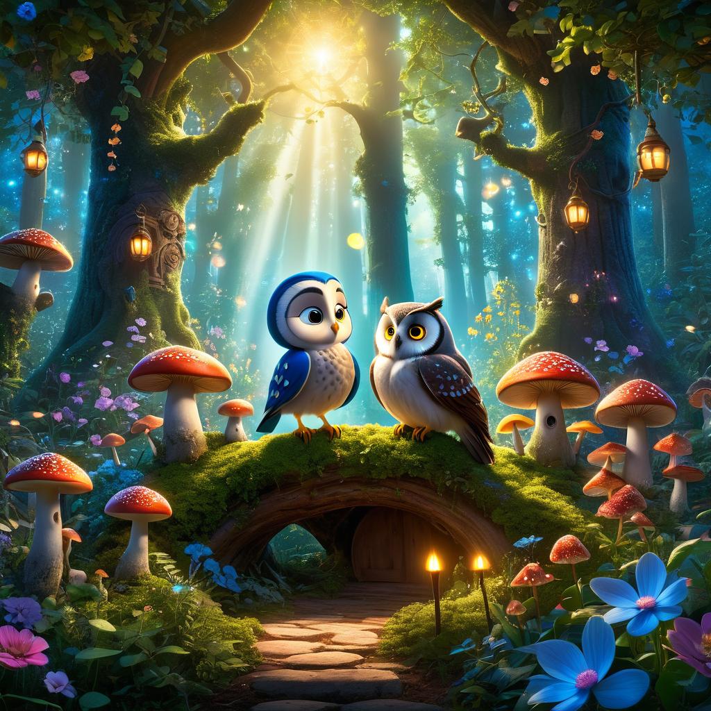  in 3d animated movie style. disney pixar style. masooma, a old with short gray hair, listens attentively to gitra, an ancient owl, explaining git and github in an enchanted forest. magical setting with glowing mushrooms and colorful flowers, sunlight filters through trees casting a warm glow. high resolution pixar 3d style, vint greens and blues, cozy warm lights. bird's eye view composition highlights characters in center surrounded by magical forest elements.