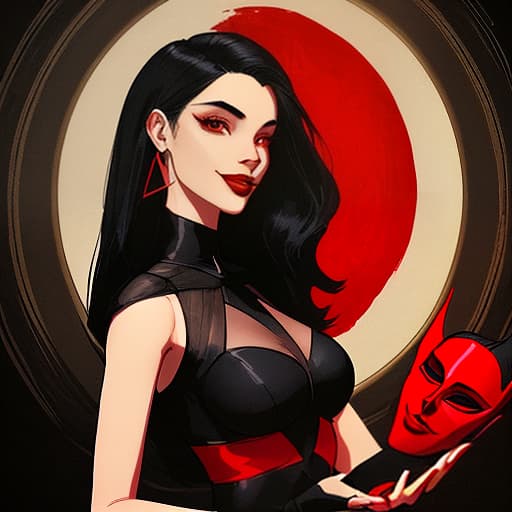  symbolism. girl. beautiful. black hair, red lips. he holds a mask in his hand. smile. it looks like a witch. the style of the image is symbolism. the background is mysterious abstract.