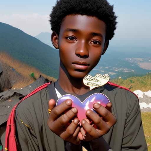  Fair skin Ghanaian boy holding a heart in his hands on a mountain