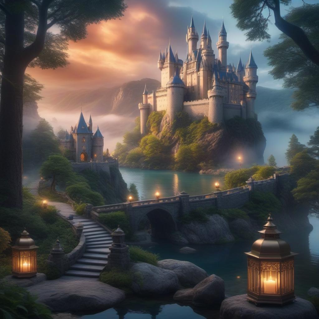  A magical castle perched on a cliff, surrounded by a pond glistening with water, and guarded by majestic dragons. hyperrealistic, full body, detailed clothing, highly detailed, cinematic lighting, stunningly beautiful, intricate, sharp focus, f/1. 8, 85mm, (centered image composition), (professionally color graded), ((bright soft diffused light)), volumetric fog, trending on instagram, trending on tumblr, HDR 4K, 8K