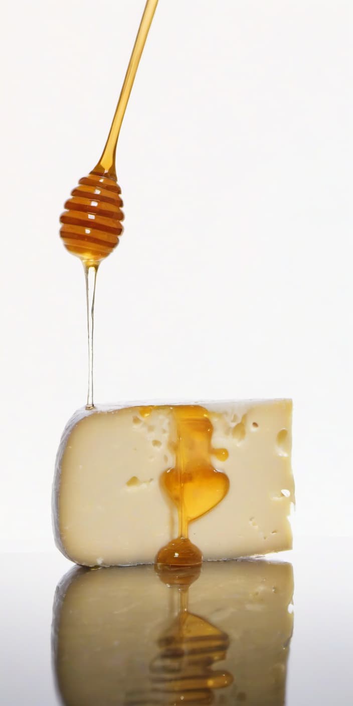  cheese watered with honey, a beautiful reflection from honey and cheese, a light background, film photography style