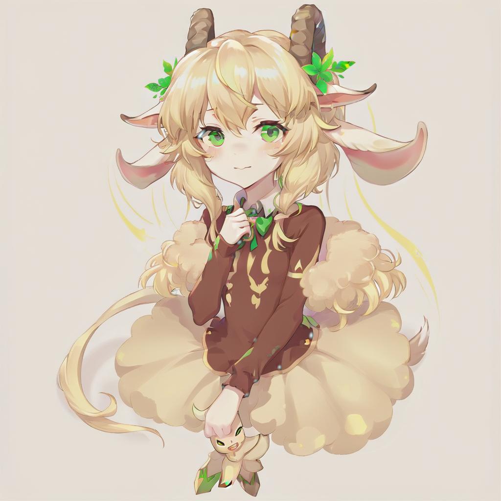  anime artwork anthropomorphic goat, blonde, long hair, curls, bangs, dressed in fairy core style, green eyes. a picture is an avatar for vitubing, neutral color background . anime style, key visual, vibrant, studio anime, highly detailed