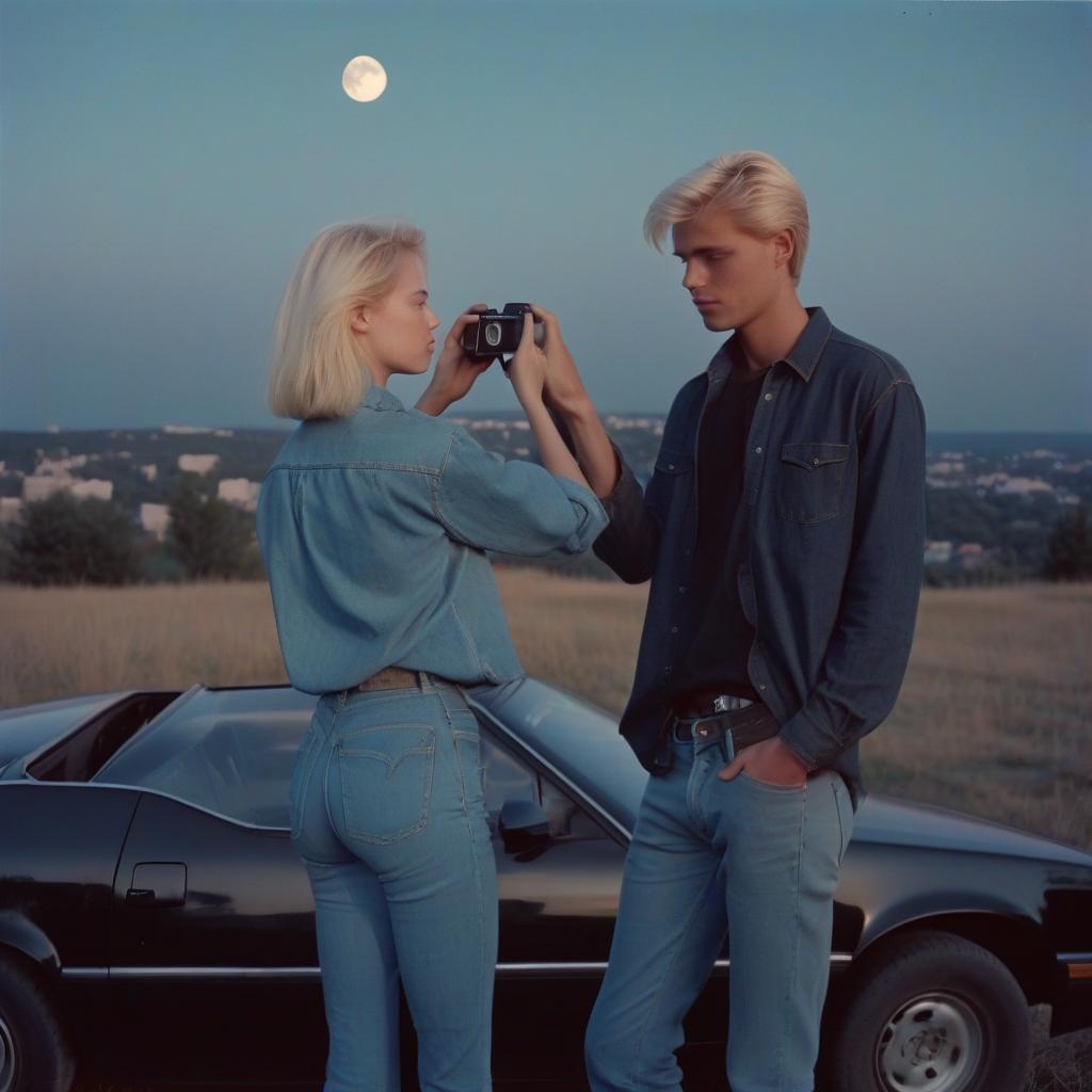  analog film photo a platinum blonde girl takes pictures on a polaroid in a black shirt and stands next to a blonde guy in a denim shirt, standing by a black car, a view from a hill, in the background the city, the time of dusk, a full light moon, the style of the 80 90s. . faded film, desaturated, 35mm photo, grainy, vignette, vintage, kodachrome, lomography, stained, highly detailed, found footage