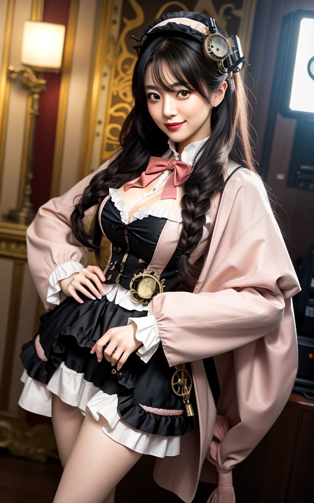  (32K, Real, RAW Photo, Best Quality: 1.4), (((Beautiful big eyes, Double eyelids))), (((Actress: Nozomi Honda,))), (((Big smile))), (Black hair), (Wavy long hair)), Full anatomical body, (Delicate and beautiful eyes: 1. 3)), (((Fusion of Lolita fashion and Steampunk fashion fusion)))((mini skirt))) Portrait, front view, facing face, upper body, face_forward, facing viewer, (standing, reaching, seductive smile, (cinnamon pink based outfit)(((pointing team punk pistol at viewer))) hyperrealistic, full body, detailed clothing, highly detailed, cinematic lighting, stunningly beautiful, intricate, sharp focus, f/1. 8, 85mm, (centered image composition), (professionally color graded), ((bright soft diffused light)), volumetric fog, trending on instagram, trending on tumblr, HDR 4K, 8K