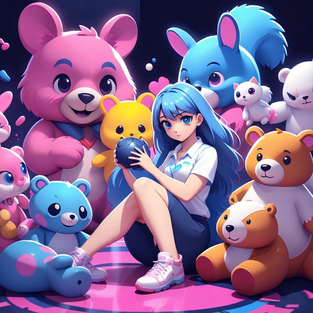  fighting game style a very beautiful girl in a white shirt plays soft toys on the floor, she holds a large bear in her hands, toys lie on the floor a bunny, a squirrel, a bear, a kitten, a dog, a mouse. neon patterns on the girl, on toys, lighting pink, girl's hair blue glowing, eyes blue, cartoons, animation. . dynamic, vibrant, action packed, detailed character design, reminiscent of fighting video games, logo