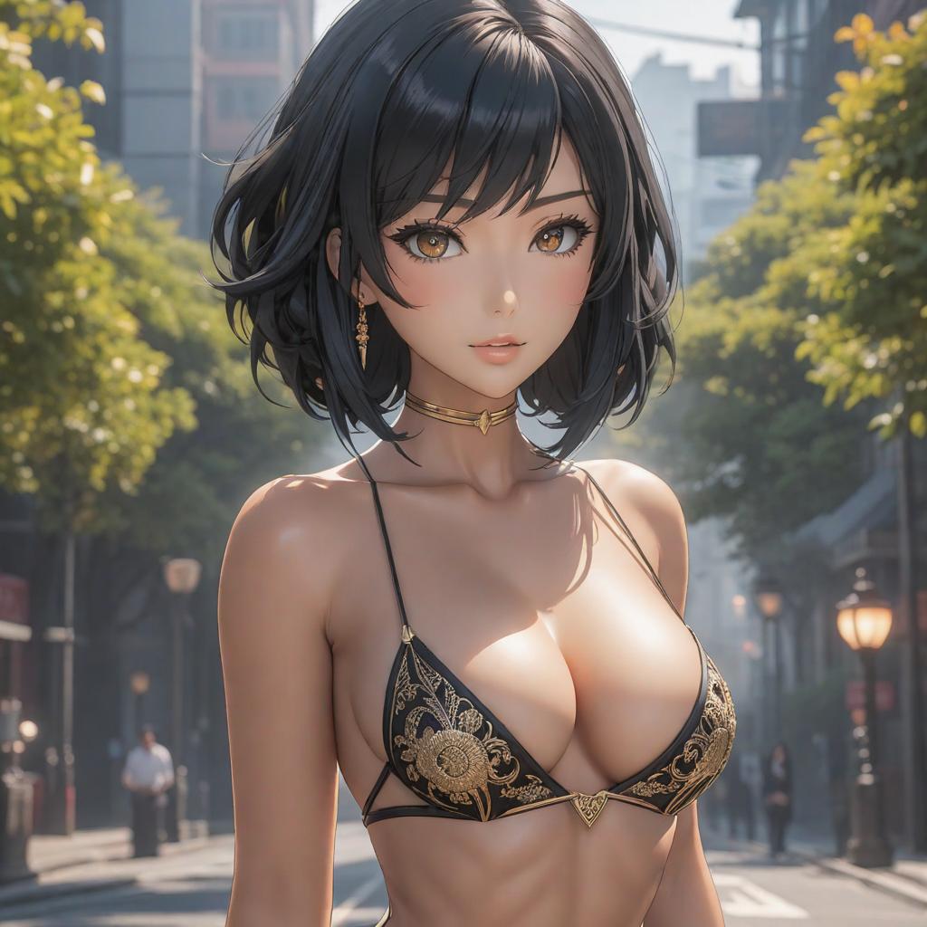  tan lines, black hair, hairy body, ((anime)) hyperrealistic, full body, detailed clothing, highly detailed, cinematic lighting, stunningly beautiful, intricate, sharp focus, f/1. 8, 85mm, (centered image composition), (professionally color graded), ((bright soft diffused light)), volumetric fog, trending on instagram, trending on tumblr, HDR 4K, 8K