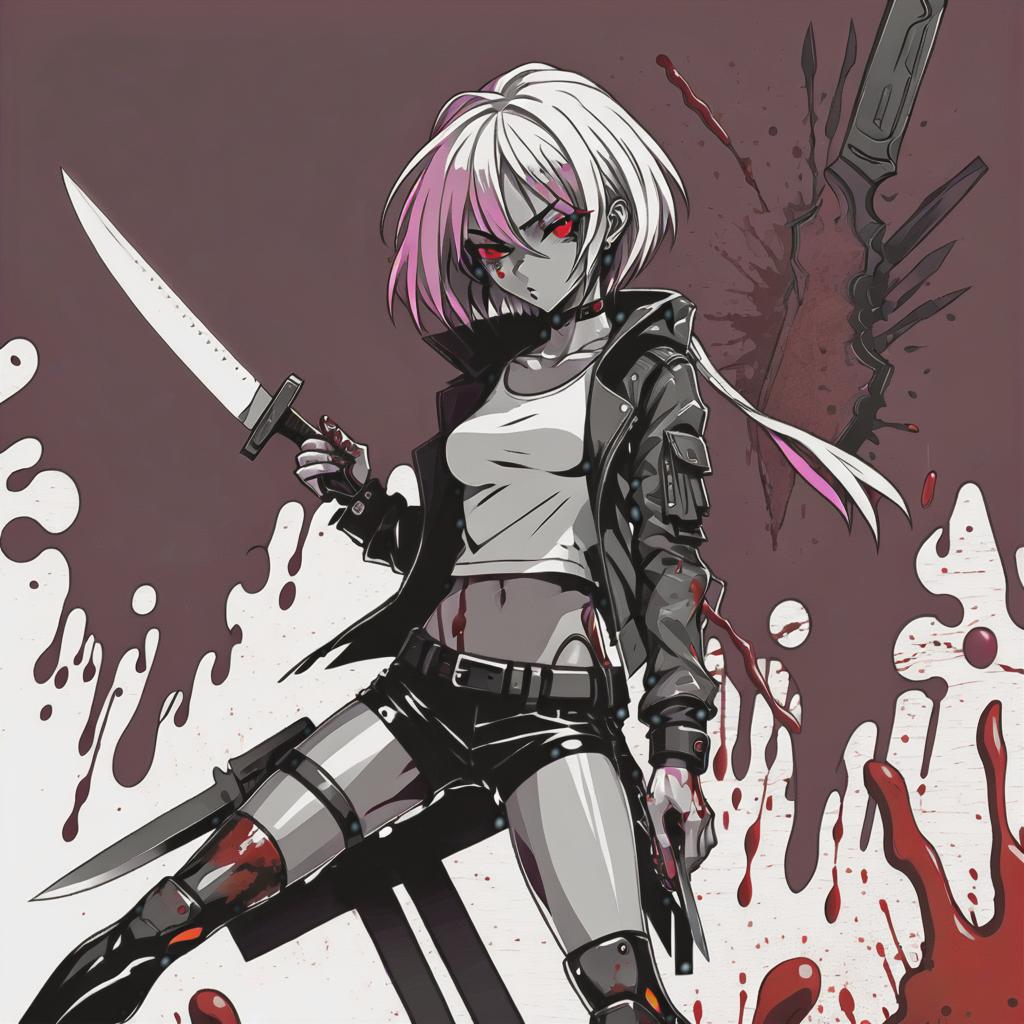  line art drawing cyberpunk girl with knife, battle pose blood everywhere, same nightmare. anime style . professional, sleek, modern, minimalist, graphic, line art, vector graphics