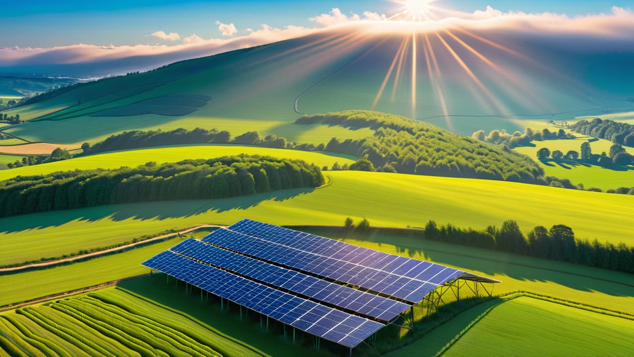  a vibrant landscape showcasing solar panels glistening in the sun, wind turbines spinning on rolling hills, flowing rivers with hydroelectric dams, and lush fields with bioenergy crops, all under a bright blue sky. hyperrealistic, full body, detailed clothing, highly detailed, cinematic lighting, stunningly beautiful, intricate, sharp focus, f/1. 8, 85mm, (centered image composition), (professionally color graded), ((bright soft diffused light)), volumetric fog, trending on instagram, trending on tumblr, HDR 4K, 8K