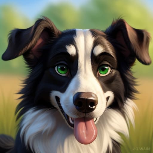  ((Disney style)), Feral, (((dog))), ((lookin go at viewer)), ((Border Collie)), mouth open, ((tongue out)), ((green eyes)), open eyes, masterpiece, 4k, fine details,