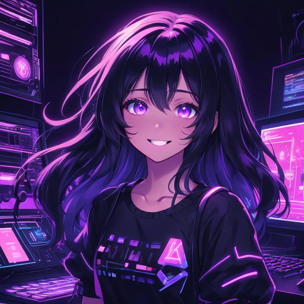  anime artwork a girl with long black hair and purple eyes, ( ( ( synthwave ) ) ), beautiful kawaii lighting, my computer icon, dark short curly hair smiling, ultra phonk, stream, on, kami, ( ( ( in a dark, glowy . anime style, key visual, vibrant, studio anime, highly detailed