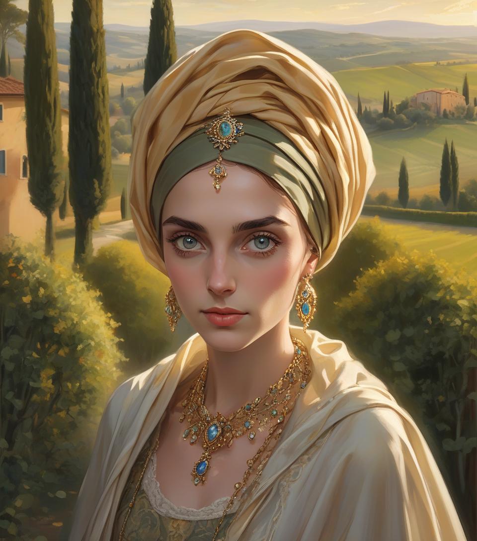  portrait of a woman with a headscarf, adorned with jewelry, and a countryside landscape in the background. majestic italian noblewoman, detailed eyes, proud countenance, captivating gaze, ornate clothing, elaborate accessories, billowing scarves, theatrical presence, twilight in tuscany, undulating landscapes, iconic cypress groves, rich golden sunrays, luxurious textures, fine details, vibrant colors, italian elegance, skilled brushwork, enchanting atmosphere.