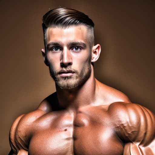 portrait+ style British queer pro bodybuilder brunette hunk dude face