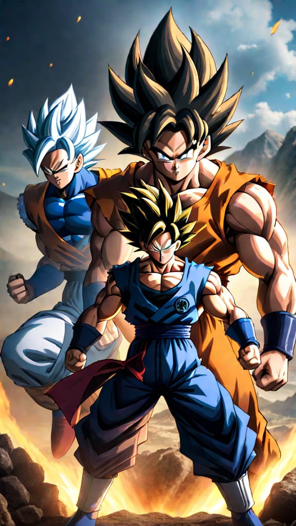  anime art: saiyan biology evolution goku, vegeta with tails vs. goten, trunks without tails. hyperrealistic, full body, detailed clothing, highly detailed, cinematic lighting, stunningly beautiful, intricate, sharp focus, f/1. 8, 85mm, (centered image composition), (professionally color graded), ((bright soft diffused light)), volumetric fog, trending on instagram, trending on tumblr, HDR 4K, 8K