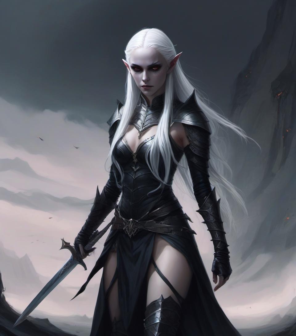  concept art a dark elf girl with <small neat elf ears: 7.9>, long platinum colored hair, preference for edged weapons (curved daggers in each hand) . digital artwork, illustrative, painterly, matte painting, highly detailed