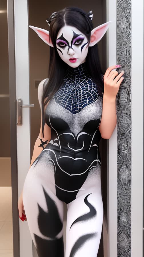  Black Spider-patterned body paint in every corner of the whole body, full-body, silver body paint, White face paint on the face,Dark elfs 女性