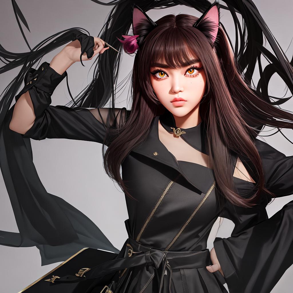  masterpiece, best quality, hottie, assassin, bushy eyebrows, wide eyes, hollow eyes, cat ears, arrogance, solid color background