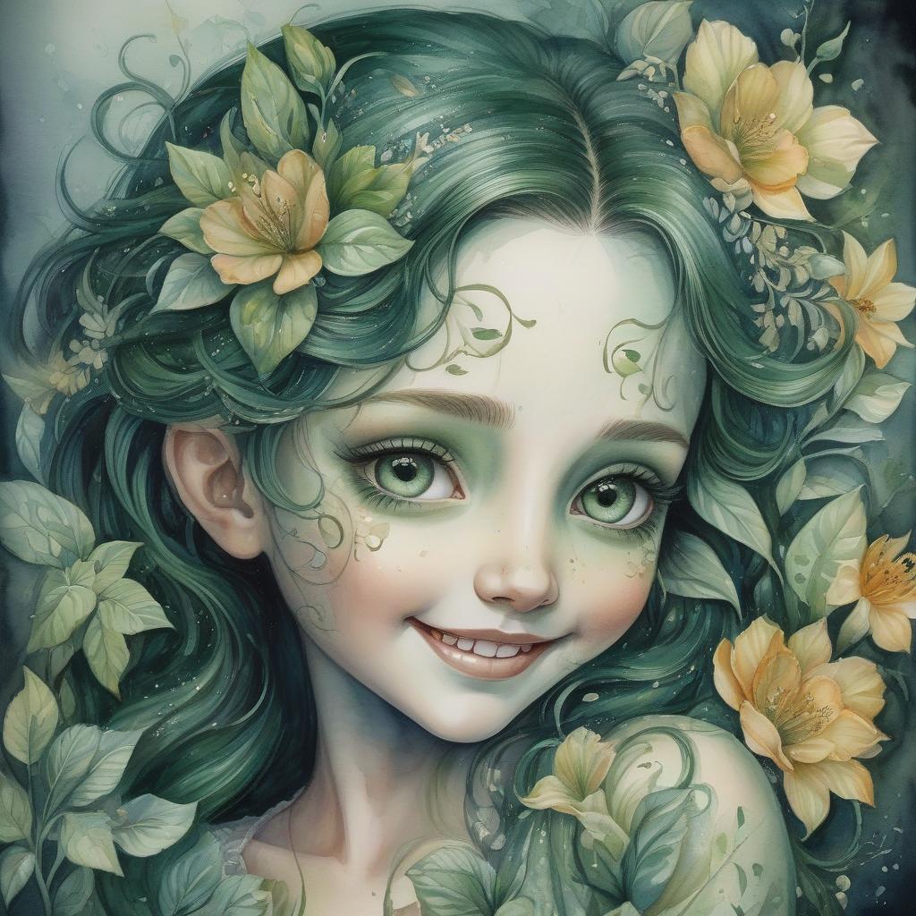  hyperrealistic art a hidden smile, a secret, who knows? idee von sady sadness . watercolors completely dark. green colors and flowers. no background. captured with exquisite detail on a canvas painting, the mesmerizing image evokes a sense of wonder and enchantment, showcasing the exquisite beauty of this unique creature. 3d, magical, fabulous, masterpiece painting, highly detailed, captivating, enchanting, diffuse light, perfect composition, watercolor, trending on artstation, sharp focus, studio photo, intricate details, highly detailed, by jasmine becket griffith watercolor, trending on artstation, sharp focus, studio photo, intricate details, very detailed . extremely high resolution details, photographic, realism pushed to extreme, fin