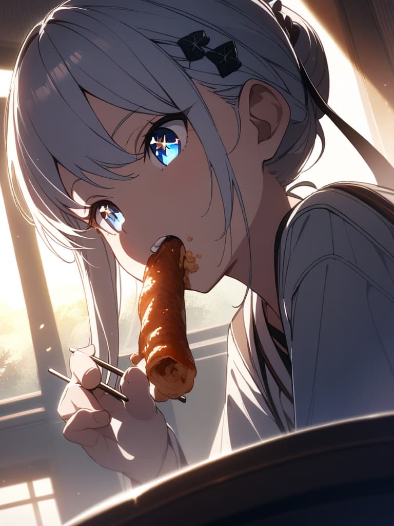  ((tendon,eating tendon,sparkling eyes,cute,stuffing tendon into one's mouth,big tendon,cute,beautiful girl,white hair,blue eyes,long hair,black hairpin,chopsticks,))、ultra detailed,best shadow,cute and beautiful face,(masterpiece:1.2),(best quality:1.2),detailed background,high contrast,(best illumination,an extremely delicate and beautiful),((cinematic light)),hyper detail,dramatic light,intricate details,8k,anime,very aesthetic