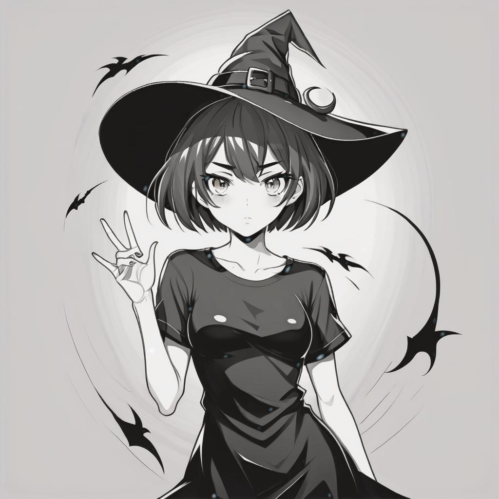  line art drawing girl in t shirt and black dress, with short hair, witch hat, same nightmare. anime style . professional, sleek, modern, minimalist, graphic, line art, vector graphics