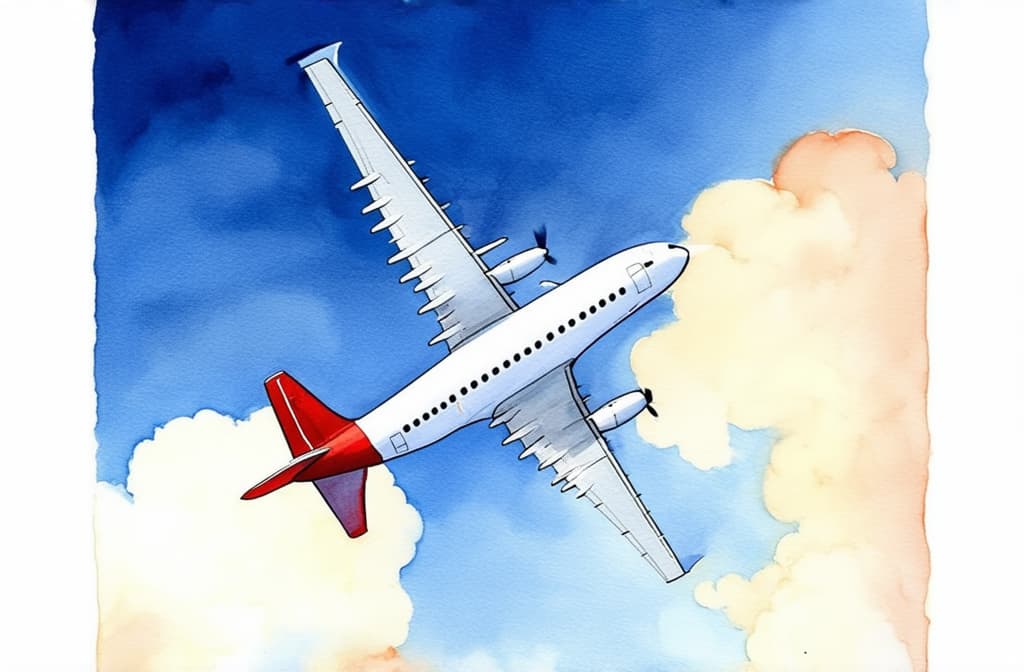  artwork realistic photo of a white airplane flying in the sky with clouds, angle from below, sunny day, extreme long shot, vertical format ar 3:2, watercolor techniques, featuring fluid colors, subtle gradients, transparency associated with watercolor art