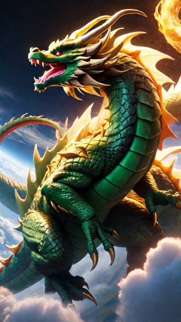  create an anime art of earth dragon shenron created by dragon ball z's guardian of earth, kami. hyperrealistic, full body, detailed clothing, highly detailed, cinematic lighting, stunningly beautiful, intricate, sharp focus, f/1. 8, 85mm, (centered image composition), (professionally color graded), ((bright soft diffused light)), volumetric fog, trending on instagram, trending on tumblr, HDR 4K, 8K