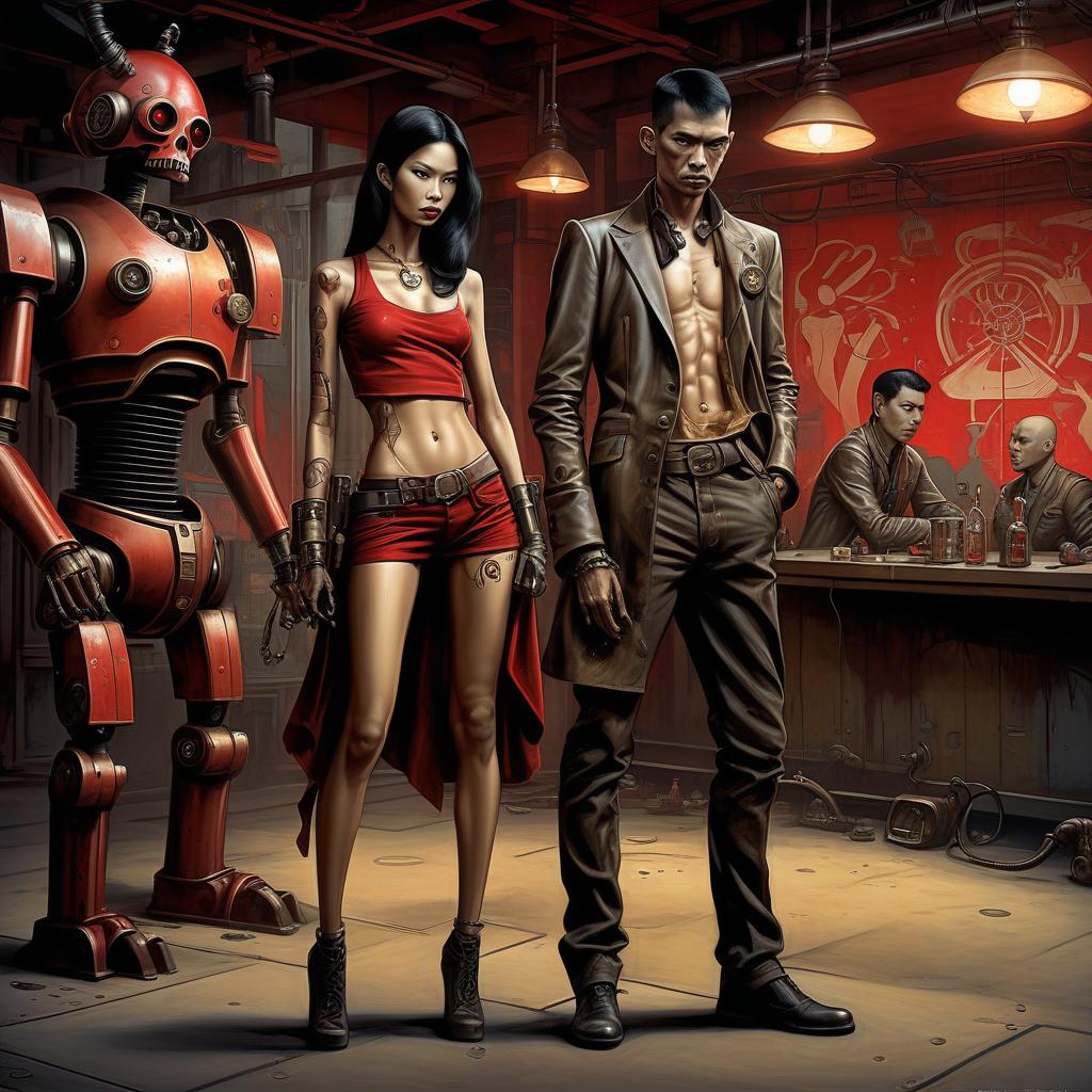  graffiti style a group of smugglers, a young of thai appearance, 20 year, small , elegant thin waist, long slender legs, black hair. a man with a , 40 year, small growth, bald, black. next to a droid and minotaur. full length image, steampunk, dieselpunk, paropunk, standing in a tavern, against a red light. . street art, vint, urban, detailed, tag, mural