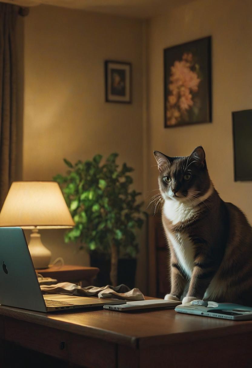  cinematic photo girl. room, night, lamp, laptop, cat, sadness, light . 35mm photograph, film, bokeh, professional, 4k, highly detailed, film photography style hyperrealistic, full body, detailed clothing, highly detailed, cinematic lighting, stunningly beautiful, intricate, sharp focus, f/1. 8, 85mm, (centered image composition), (professionally color graded), ((bright soft diffused light)), volumetric fog, trending on instagram, trending on tumblr, HDR 4K, 8K