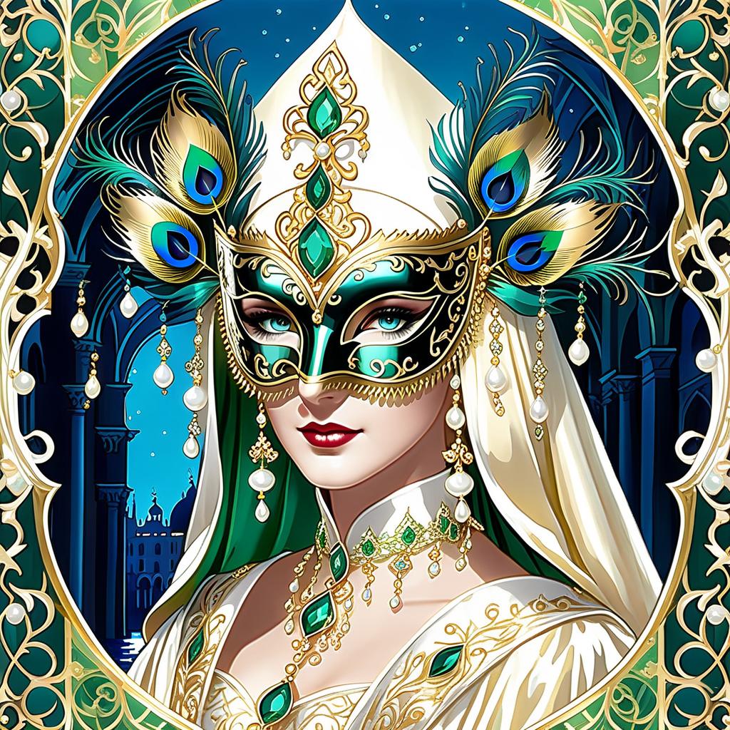  dreamscape (background):black silk cloak, topazes, rubies, emeralds, gold candlestick with white gold flame. ((the eye slits reflect the contours of the palaces and canals of venice1,9)). ((half mask columbine) a mask covering only part of the face. silver mask:with gold patterned ornamentation. colours:light green, blue, pearl cream, peacock feathers, gold and silver beads, gold leaf, gemstones, venetian lace, rhinestones, beads. (style):fantasy, renaissance, dream, mystery, mystery, dream, italy, venice, barcarolle, minestrel. . surreal, ethereal, dreamy, mysterious, fantasy, highly detailed