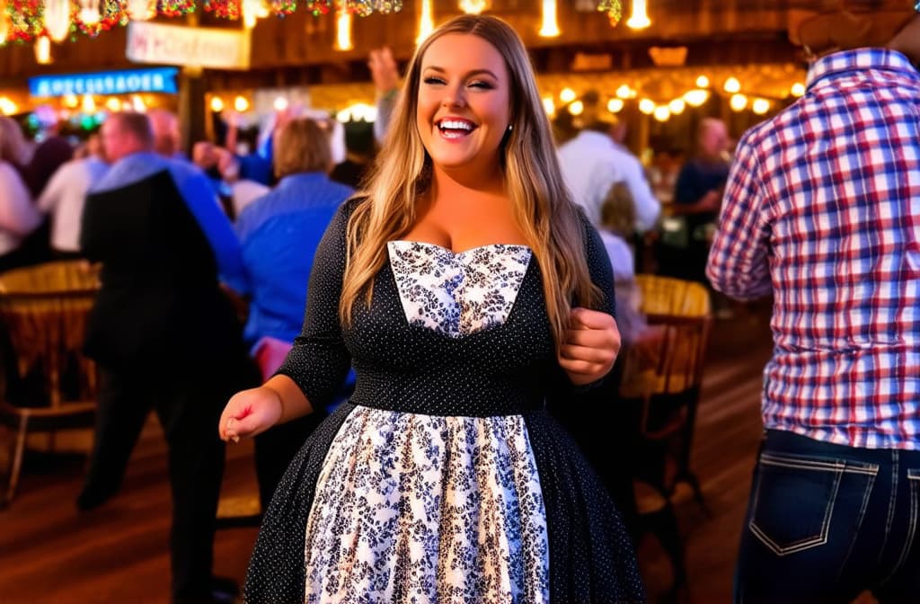  full length curvy woman wearing drindle with low cut neckline at oktoberfest smiling cheerfully ar 3:2 {prompt}, maximum details