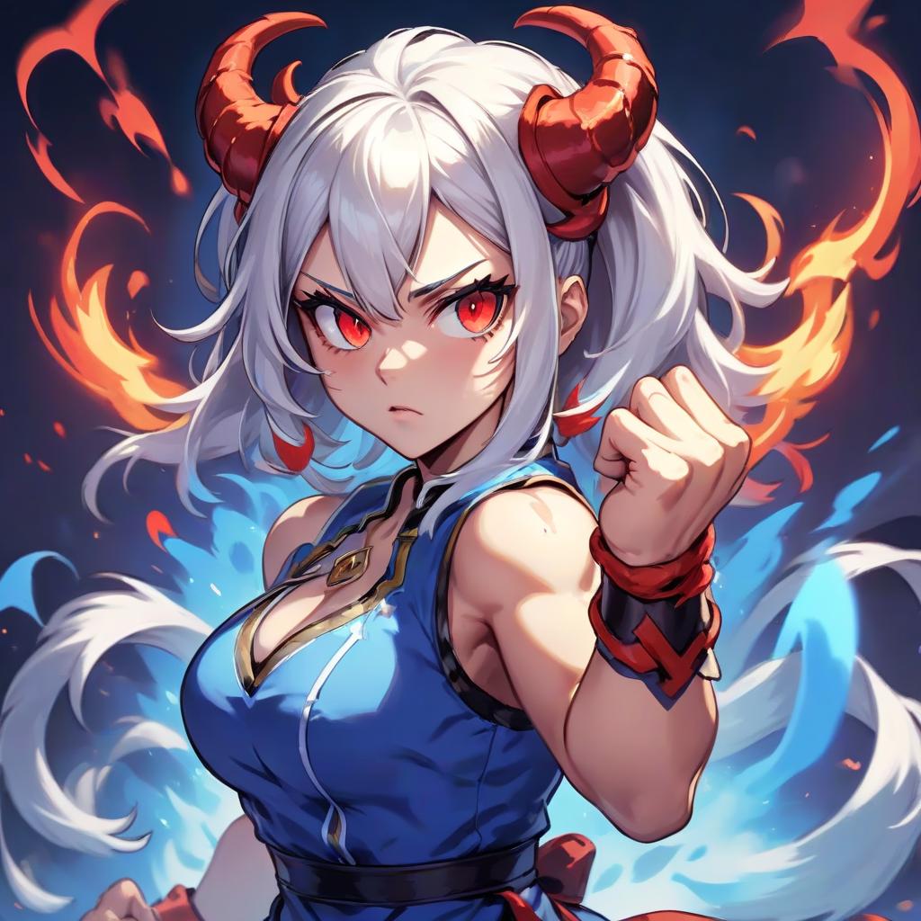  street fighter style girl in a dress, horns on her head , white hair , red eyes , dark magic , hands clenched into a fist , beautiful smooth hands , blue flame from the hands , blue flame against the background . vibrant, dynamic, arcade, 2d fighting game, highly detailed, reminiscent of street fighter series, sticker