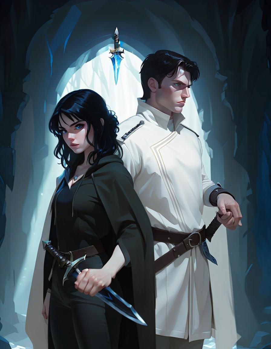  a girl and a man are standing in the center of the composition, back to back. the man is on the right, the girl is on the left. side view. the man is dressed in a white military dress uniform, holding a sword in his hand. the girl is dressed in black pants, a white shirt and a hooded cloak. the man has short black hair, the girl has long, slightly wavy black hair. the girl is holding a dagger in her left hand, her right hand is raised up in a magical gesture. the light falls from the upper right corner, the shadow of the man falls on the girl. the background is dark. a blue crystal glows on the girl's neck. fantasy. middle ages. pale skin, hkmagic