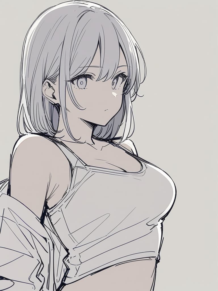  masterpiece,best quality,highly detailed,ultra detailed,1girl,(hand painted:1.2),(sketch:1.3),white background,lineart,greyscale,(no shadow),a meaningless line,coarse contours,(simple line drawing:1.2),bra top