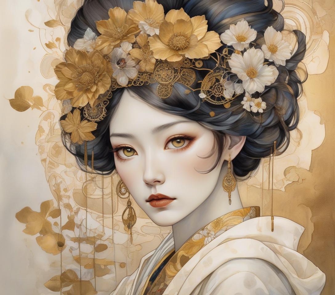  watercolor painting a mystical artwork with a female figure adorned with floral headpiece and golden attire, exuding an ethereal, otherworldly charm. imagine an intricately detailed image of a steampunk geisha, her vivid eyes with a dreaming look sparkle beneath long lashes. she is dressed in a gossamer silk kimono, embodying high contrast and decorative designs reminiscent of the art deco era. the portrait seamlessly integrates a mixed media collage approach for added dimension and texture. it pays homage to the flat, decorative patterns and vivid, unnatural colors championed by the symbolist movement (gustav klimt) and pre raphaelite (botticelli) artists, rendered with the depth and richness of oil painting. elements of kintsugi, using g