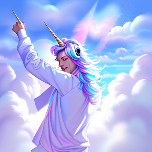  A unicorn DJ dancing. On the clouds