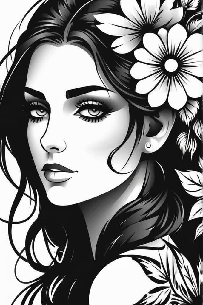  geometrical flowers woman face , (tattoo:1.15), black and white style, hq, hightly detailed, 4k