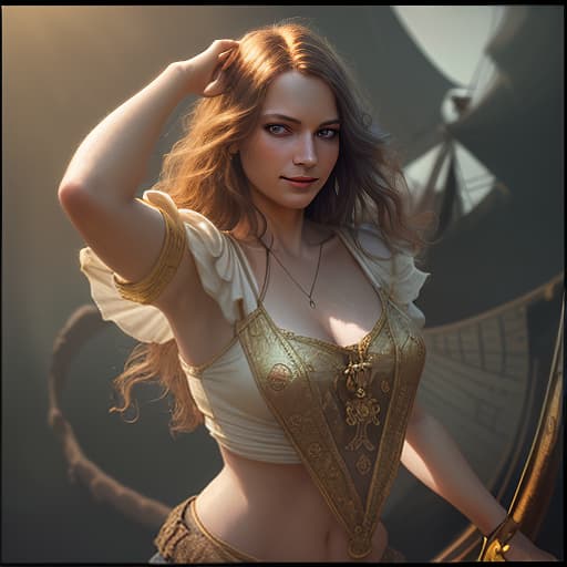  a beautiful, of 30 years on a pirate ship. in a very short gold top and very short white shorts. in a pirate triangle, shooting a gun. fantasy, fairy tale, photorealistic, hyperrealistic, hyperdetailed, analog style, demure, detailed skin, pores, smirk, smiling eyes, matte skin, soft lighting, subsurface scattering, realistic, heavy shadow, masterpiece, best quality, ultra realistic, 8k, golden ratio, intricate, high detail, film photography, soft focus