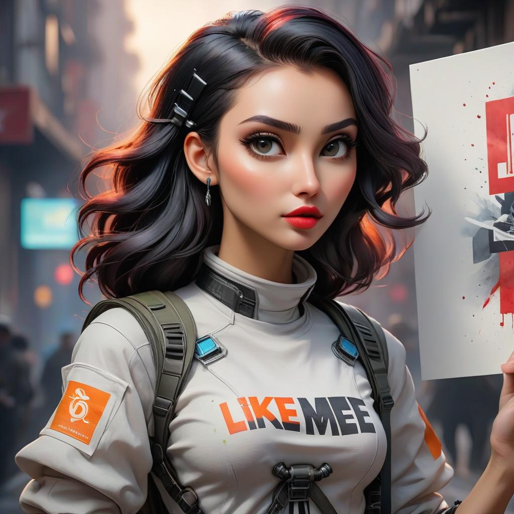  techwear fashion masterpiece. (beautiful girl holding a poster with the words “like me”. watercolor. close up:1,5). highly detailed strokes, clarity. fantasy, surrealism, fairy tale style . futuristic, cyberpunk, urban, tactical, sleek, dark, highly detailed, t shirt design hyperrealistic, full body, detailed clothing, highly detailed, cinematic lighting, stunningly beautiful, intricate, sharp focus, f/1. 8, 85mm, (centered image composition), (professionally color graded), ((bright soft diffused light)), volumetric fog, trending on instagram, trending on tumblr, HDR 4K, 8K