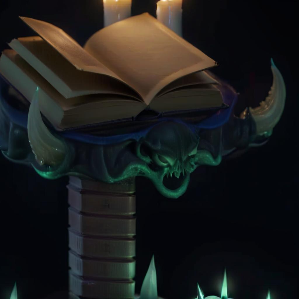  professional 3d model candles lit up in the shape of a book and a demon's head dark horror cthulhu pedestal and some candles are lit up on top of an open book . octane render, highly detailed, volumetric, dramatic lighting, civitai