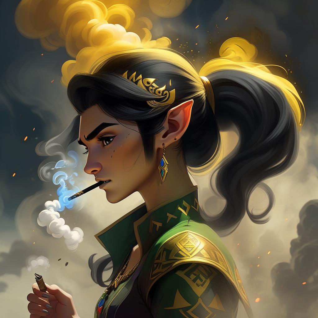  legend of zelda style a woman with black gold hair and a ponytail is blowing smoke into her hair and looking down at her hand, trending on art station, fantasy art, a digital painting . vibrant, fantasy, detailed, epic, heroic, reminiscent of the legend of zelda series, hkmagic, oil painting