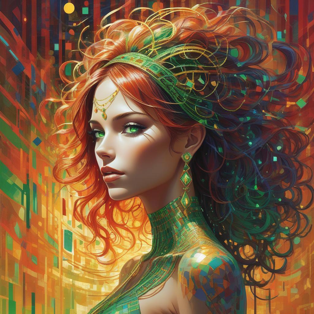  a woman with vibrant multicolored hair and a bejeweled headband, with striking green eyes and gold earrings. high quality, 8k ultra hd, imagine a vibrant canvas illuminated by a cascade of colorful binary code, forming the silhouette of a captivating brown wavy flowy hair woman, the dynamic lines and patterns, reminiscent of a digital dance, weave together to create a harmonious fusion of technology and art, the binary code, in hues ranging from electric blues to radiant reds and vivid greens, breathes life into the woman's form, her silhouette emerges as a synthesis of the digital and the organic, a testament to the seamless integration of technology and beauty in your masterful creation, high detailed, she is standing infront of a wicked