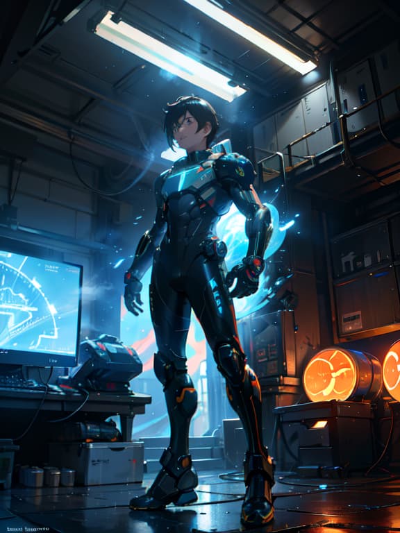  master piece, best quality, ultra detailed, highres, 4k.8k, samus, standing confidently, holding a blaster, determined, break samus in blue suit, spacecraft hangar, spaceship, futuristic equipment, computer consoles, break futuristic and high tech, glowing neon lights, holographic displays, smoke effects,