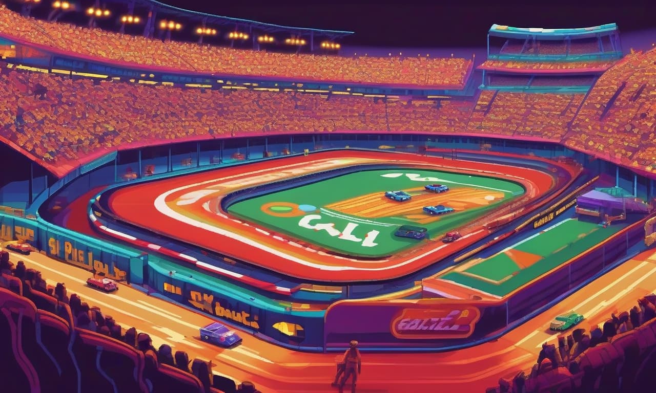  retro game art the arena for the battles of cars, racing track, the view from the inside, close up, the stands, view of the stands from the bottom up, floodlights, bright colors, pure colors . 16 bit, vibrant colors, pixelated, nostalgic, charming, fun