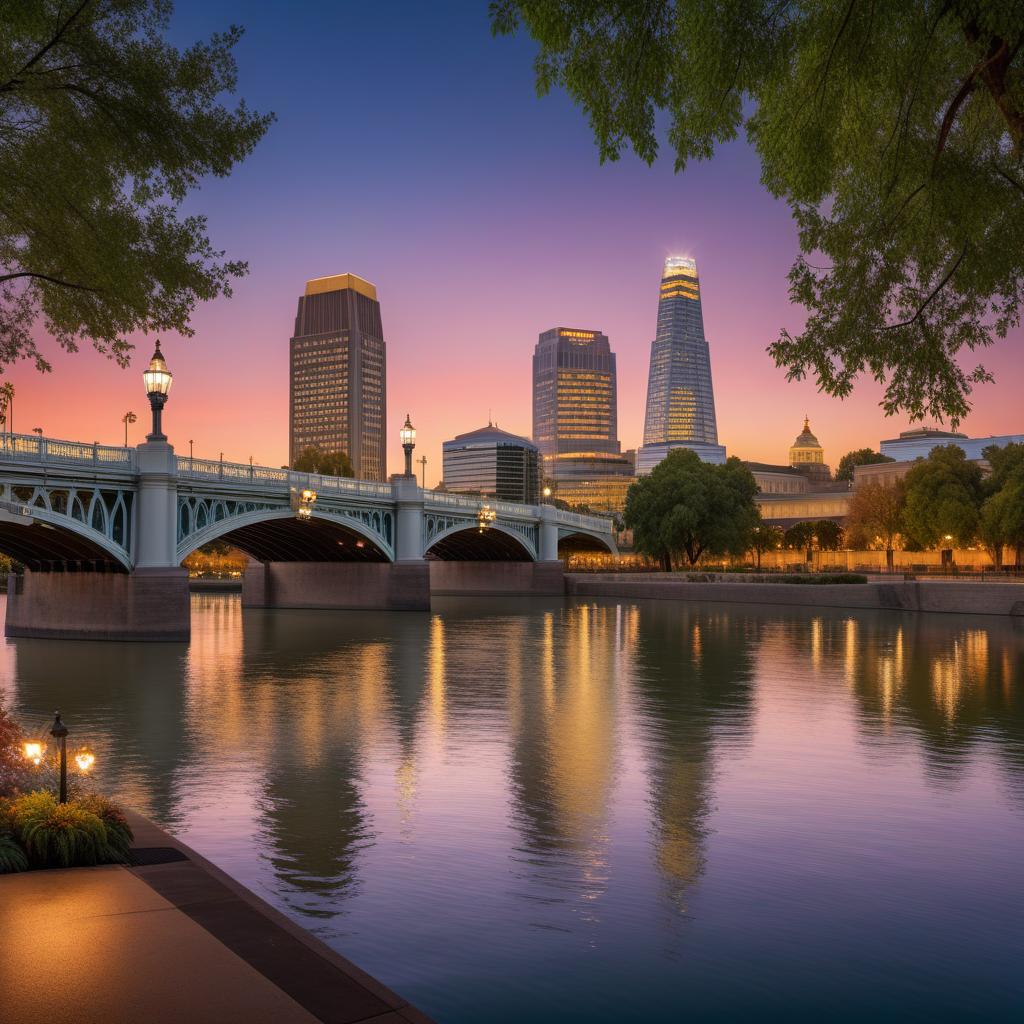  A picturesque view of Sacramento, California, showcasing the skyline with notable landmarks like the Tower Bridge, the California State Capitol building, and the Sacramento River. The scene should be set at sunset with a vibrant, colorful sky reflecting on the water and the city lights just starting to come on. hyperrealistic, full body, detailed clothing, highly detailed, cinematic lighting, stunningly beautiful, intricate, sharp focus, f/1. 8, 85mm, (centered image composition), (professionally color graded), ((bright soft diffused light)), volumetric fog, trending on instagram, trending on tumblr, HDR 4K, 8K