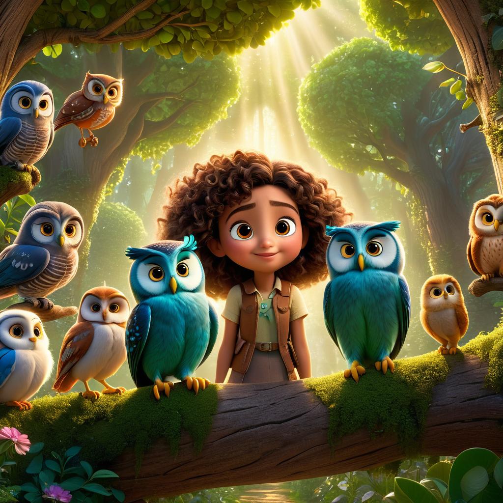  in 3d animated movie style. disney pixar style. "maham, , with curly hair and bright, curious eyes, and dolly, a young with a mischievous smile, stand captivated as wise old owl shares the quest's purpose. the lush forest, dappled with sunlight, exudes magic and mystery, hinting at an enchanted garden. ilration in high resolution pixar 3d style, with soft, warm sunlight casting a magical aura in hues of greens and browns. the scene viewed from a slightly elevated bird's eye angle, emphasizing the interaction between characters."